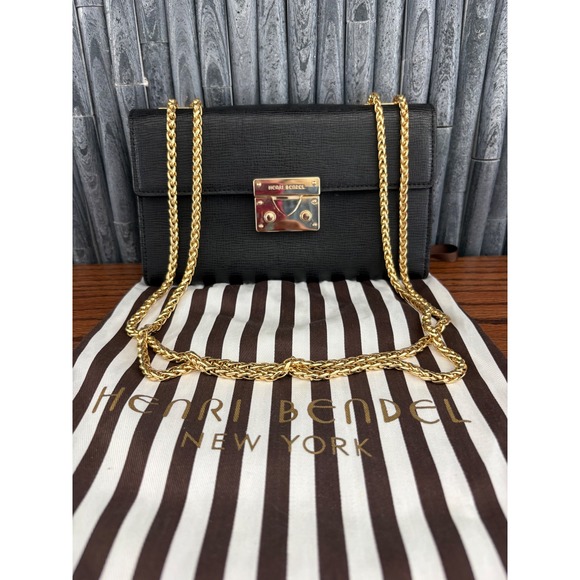 henri bendel Handbags - Henri Bendel Black Saffiano Leather Chain Crossbody Bag Gold Hardware Dust Bag